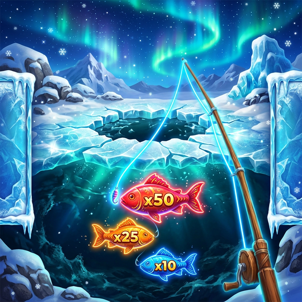 Ice Fishing bonus round showing three fish types with multiplier values beneath the frozen surface